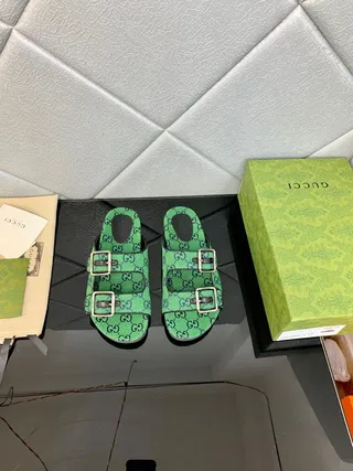 Gucci Screener Green GG Monogram Canvas Double Buckle Slippers 5