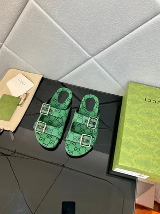 Gucci Screener Green GG Monogram Canvas Double Buckle Slippers 6
