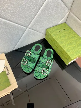 Gucci Screener Green GG Monogram Canvas Double Buckle Slippers 8