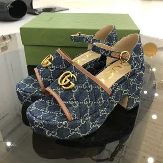 Gucci Screener Quilted Denim GG Monogram Gold Buckle Gladiator Sandals
