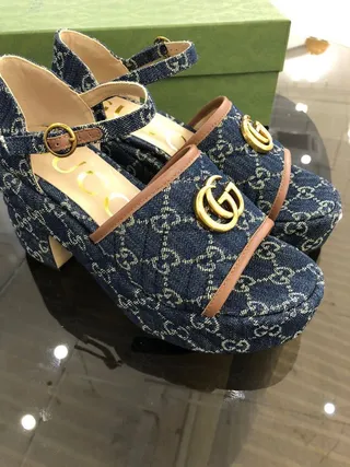Gucci Screener Quilted Denim GG Monogram Gold Buckle Gladiator Sandals 2
