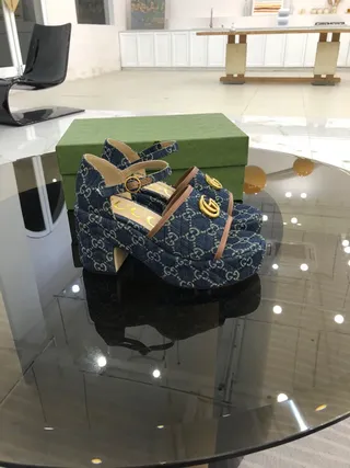 Gucci Screener Quilted Denim GG Monogram Gold Buckle Gladiator Sandals 3