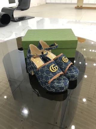 Gucci Screener Quilted Denim GG Monogram Gold Buckle Gladiator Sandals 4
