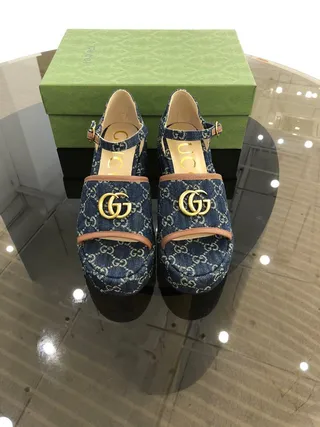 Gucci Screener Quilted Denim GG Monogram Gold Buckle Gladiator Sandals 5