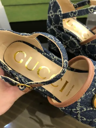 Gucci Screener Quilted Denim GG Monogram Gold Buckle Gladiator Sandals 6