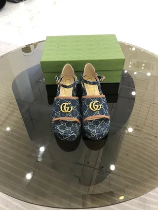 Gucci Screener Quilted Denim GG Monogram Gold Buckle Gladiator Sandals 9