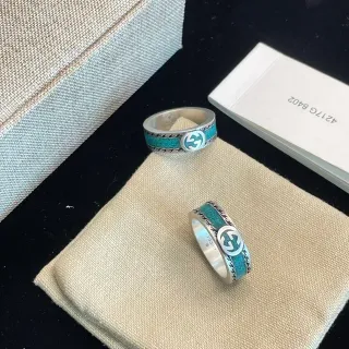 Gucci Screener Silver Blue Interlocking G Logo Turquoise Enamel Inlay Ring