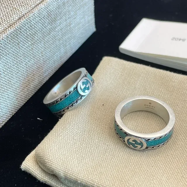 Gucci Screener Silver Blue Interlocking G Logo Turquoise Enamel Inlay Ring 2