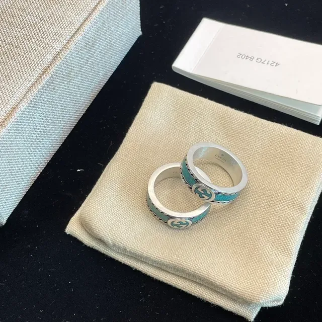 Gucci Screener Silver Blue Interlocking G Logo Turquoise Enamel Inlay Ring 3
