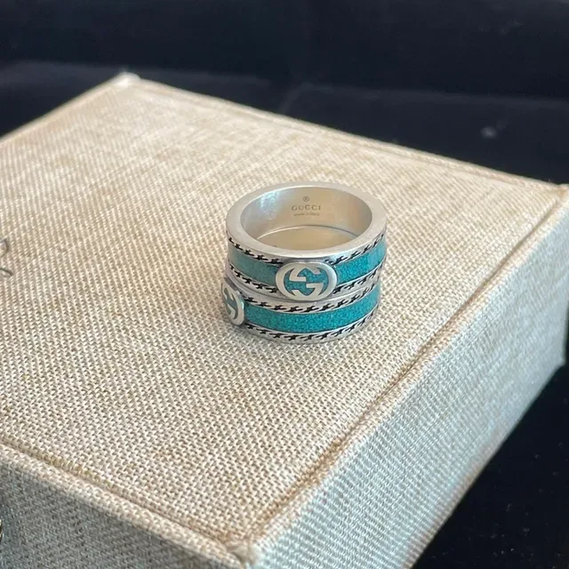 Gucci Screener Silver Blue Interlocking G Logo Turquoise Enamel Inlay Ring 5
