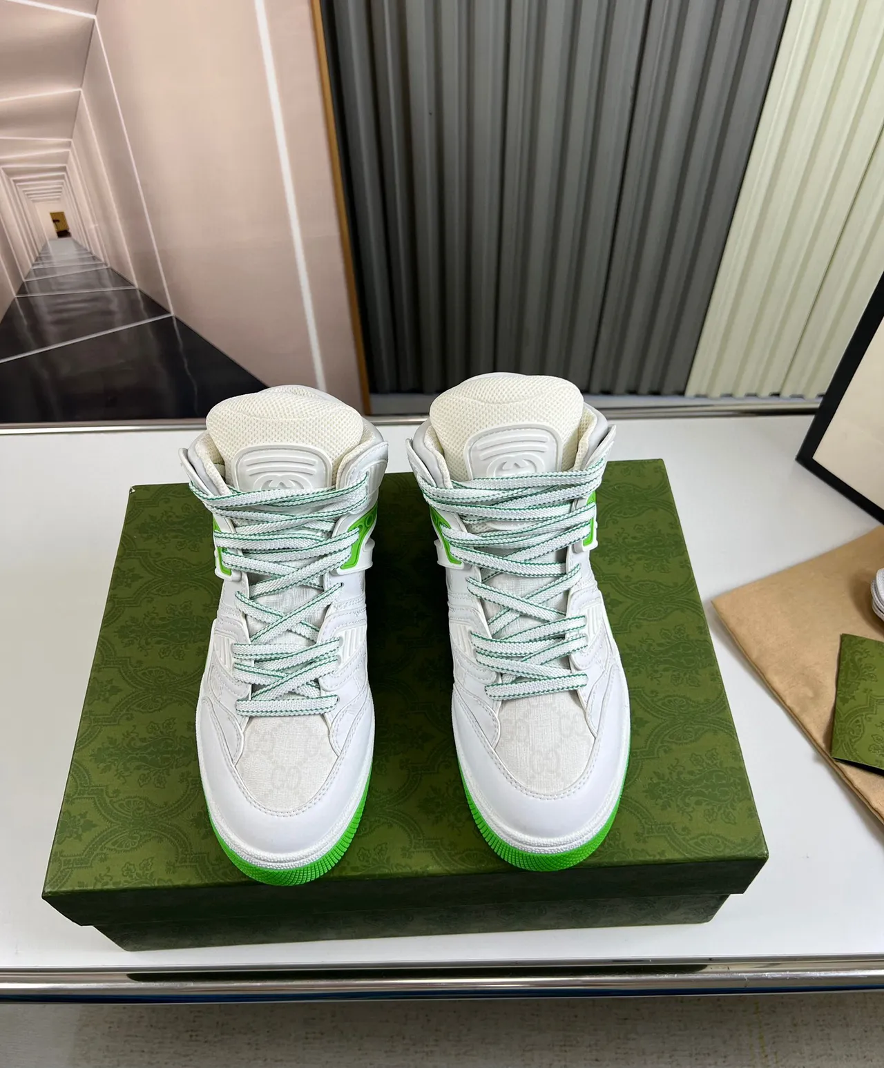 Gucci Screener White and Lime Green High-Top Lifestyle Sneakers 2