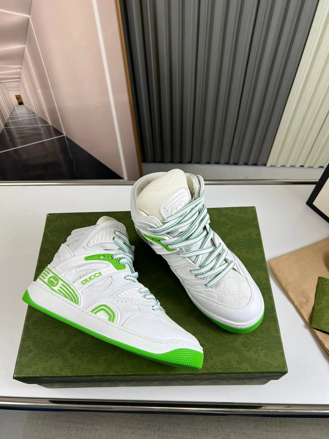 Gucci Screener White and Lime Green High-Top Lifestyle Sneakers 6