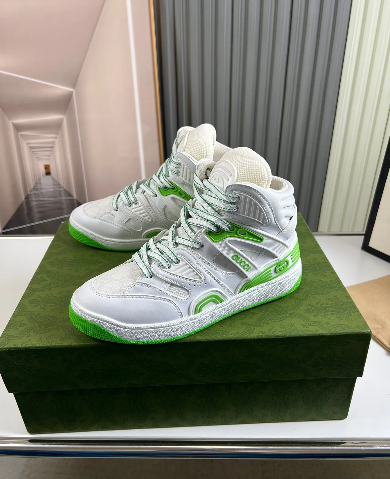 Gucci Screener White and Lime Green High-Top Lifestyle Sneakers 9