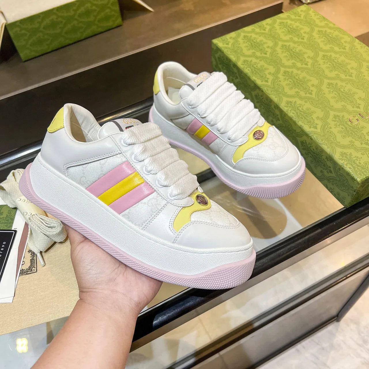 Gucci Screener White Pink Platform Sole Color-Blocked Stripes Lifestyle Sneakers 1