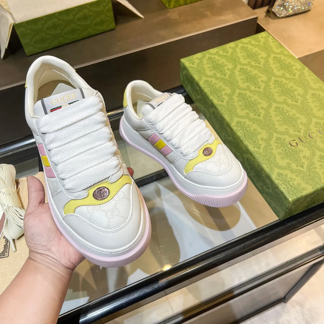 Gucci Screener White Pink Platform Sole Color-Blocked Stripes Lifestyle Sneakers 2