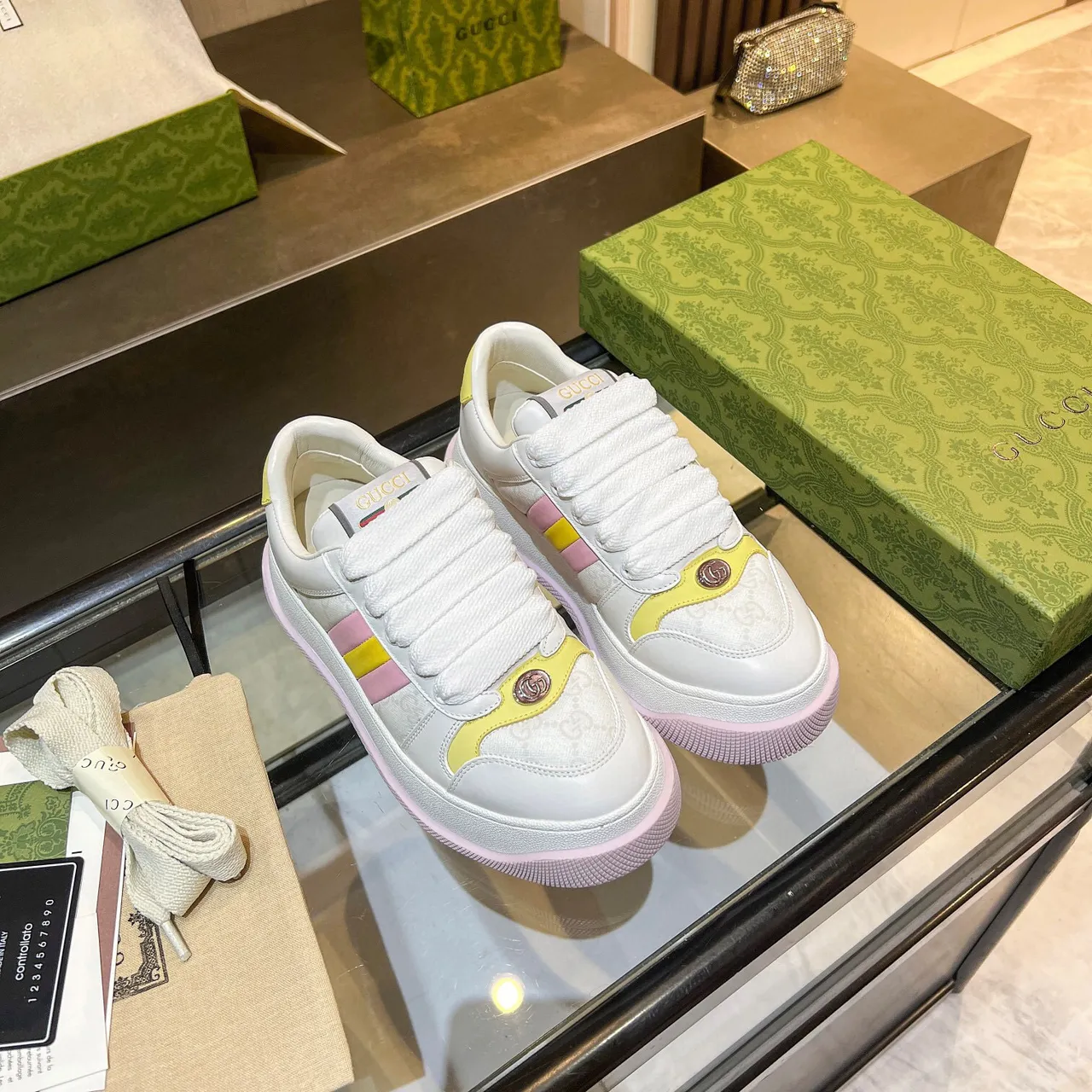 Gucci Screener White Pink Platform Sole Color-Blocked Stripes Lifestyle Sneakers 3