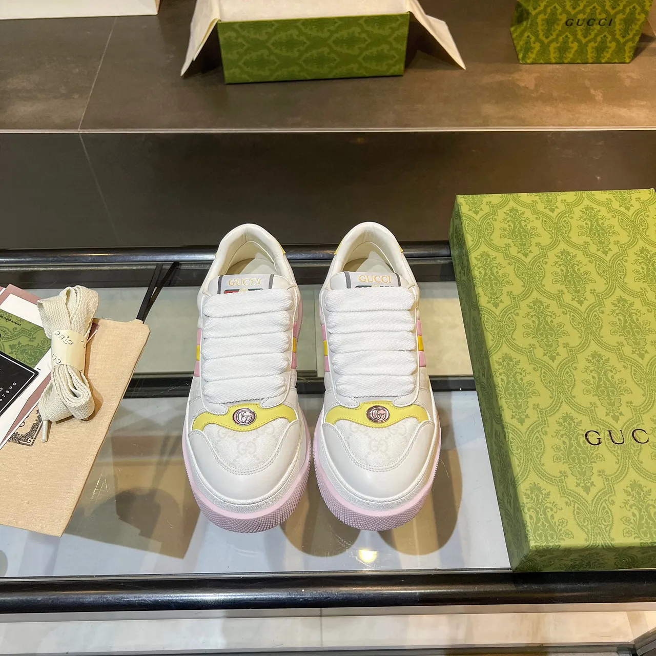 Gucci Screener White Pink Platform Sole Color-Blocked Stripes Lifestyle Sneakers 4