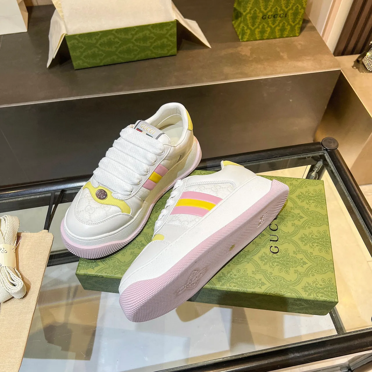 Gucci Screener White Pink Platform Sole Color-Blocked Stripes Lifestyle Sneakers 6