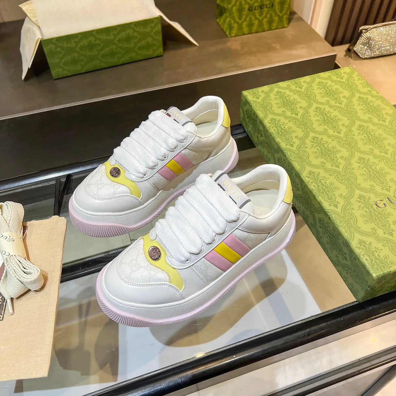 Gucci Screener White Pink Platform Sole Color-Blocked Stripes Lifestyle Sneakers 7