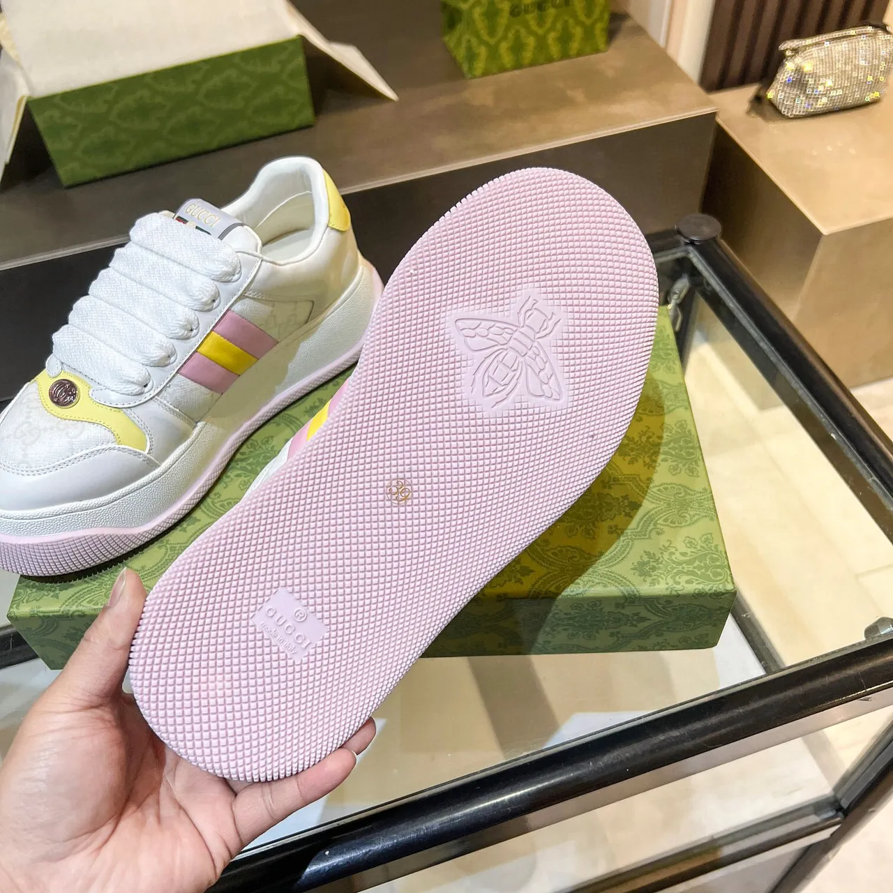 Gucci Screener White Pink Platform Sole Color-Blocked Stripes Lifestyle Sneakers 8