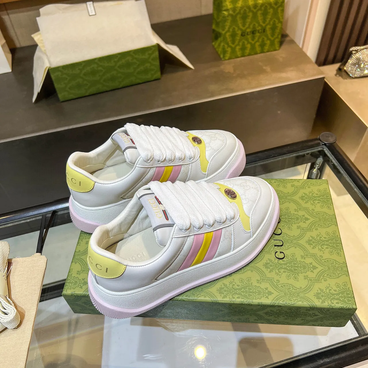 Gucci Screener White Pink Platform Sole Color-Blocked Stripes Lifestyle Sneakers 9