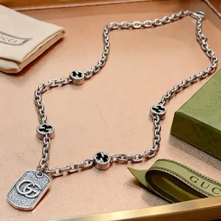 Gucci Silver Black Chunky Link Chain Interlocking GG Motifs Necklace