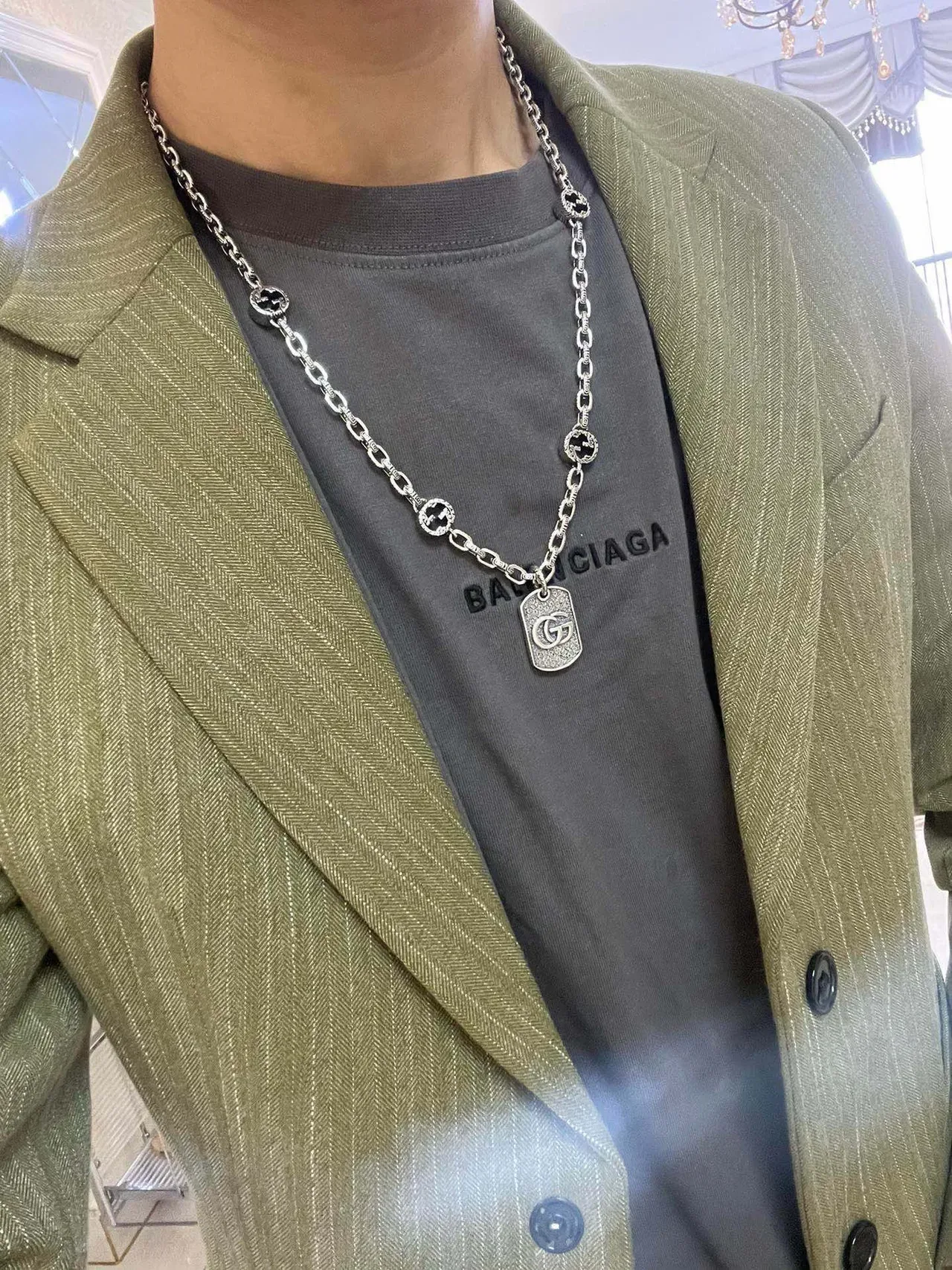 Gucci Silver Black Chunky Link Chain Interlocking GG Motifs Necklace 7