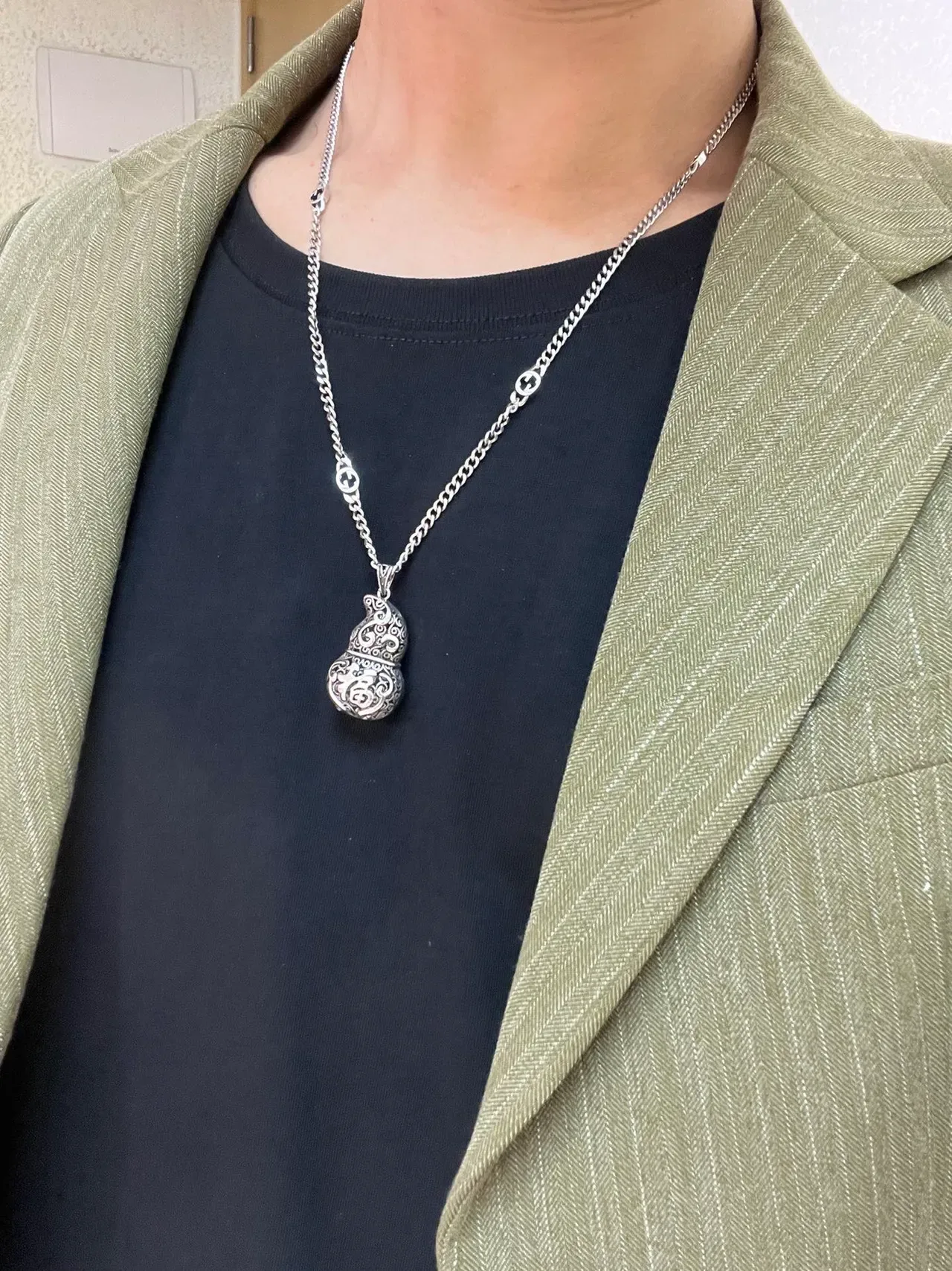 Gucci Silver Black Curb Chain Interlocking G Motifs Necklace 5