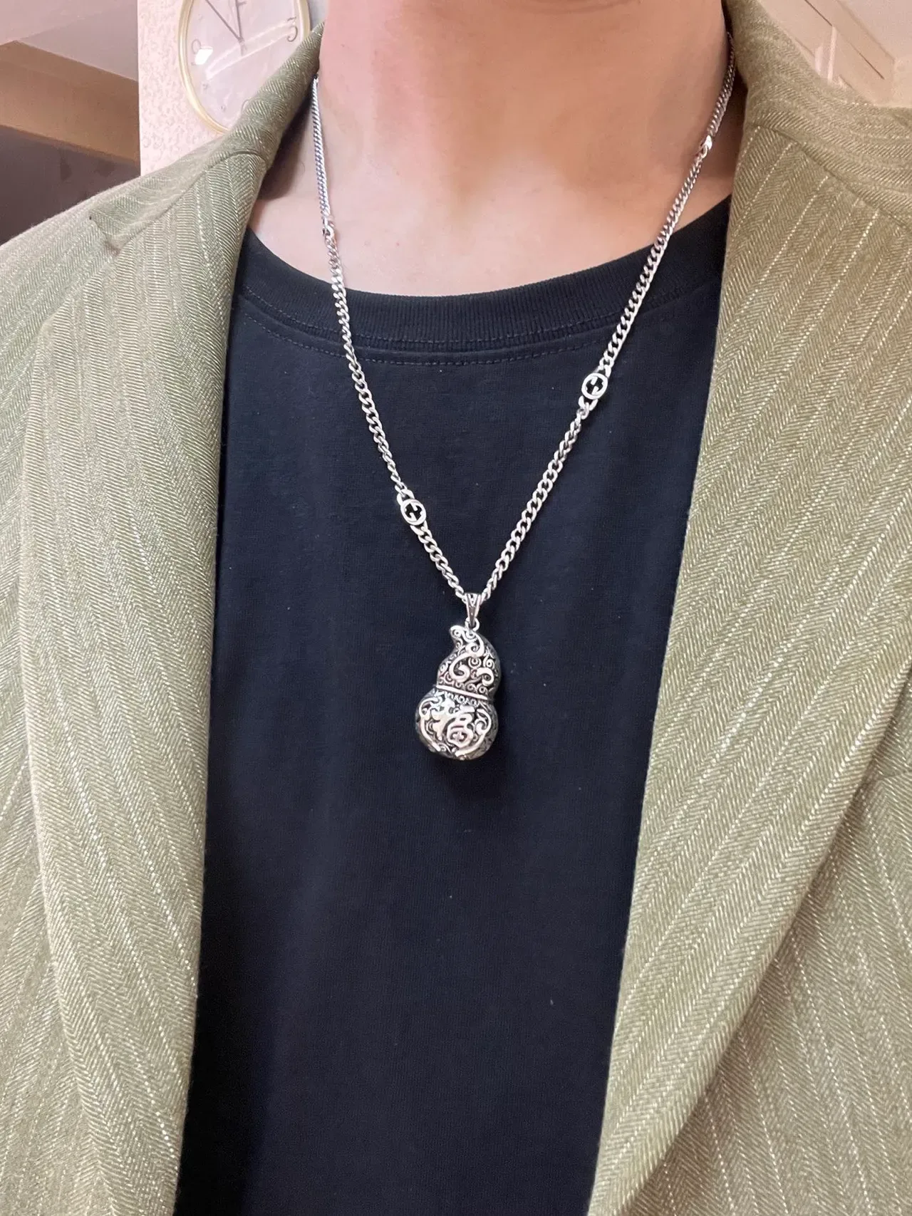 Gucci Silver Black Curb Chain Interlocking G Motifs Necklace 8