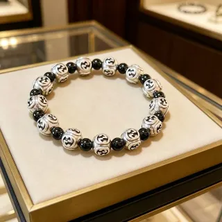 Gucci Silver Black Interlocking G Logo Beads Alternating Metallic Bracelet