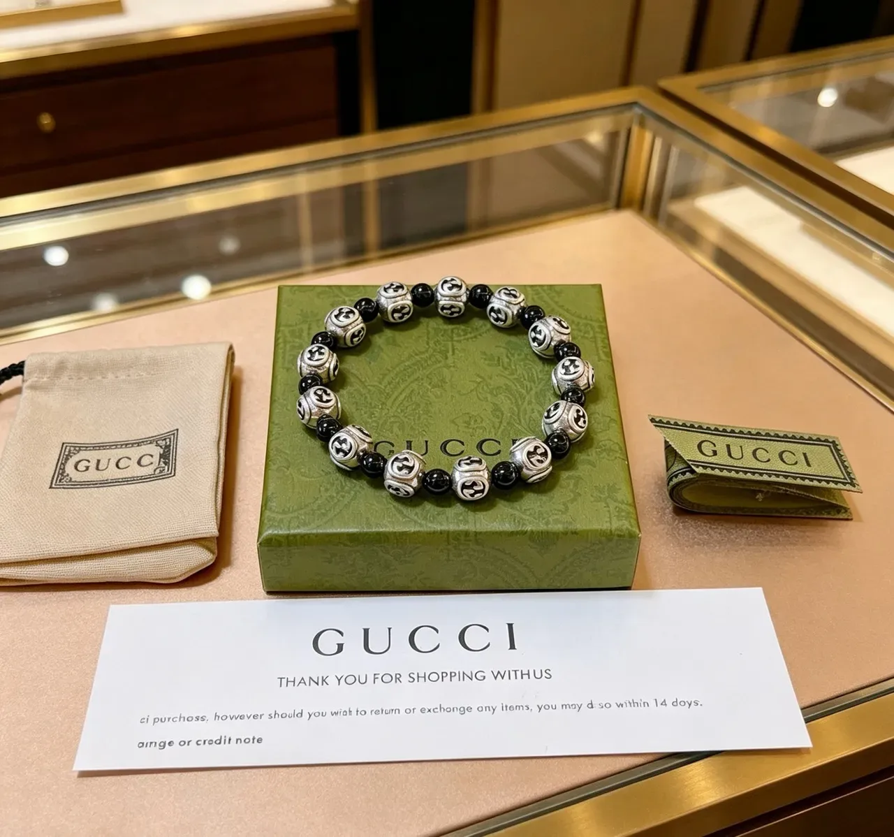 Gucci Silver Black Interlocking G Logo Beads Alternating Metallic Bracelet 2