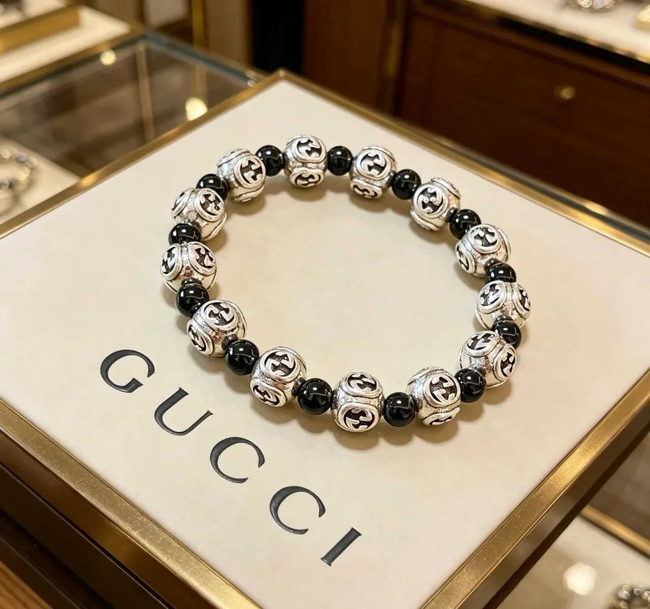 Gucci Silver Black Interlocking G Logo Beads Alternating Metallic Bracelet 9
