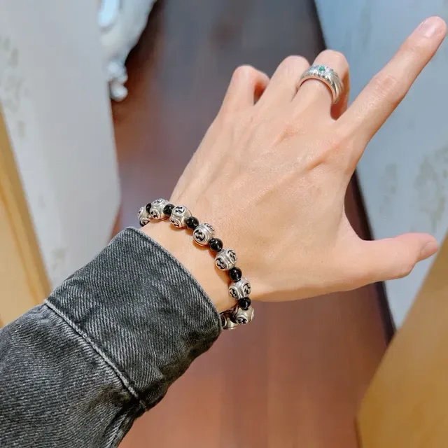 Gucci Silver Black Interlocking G Motif Beads Alternating Metallic And Spherical Bracelet 2