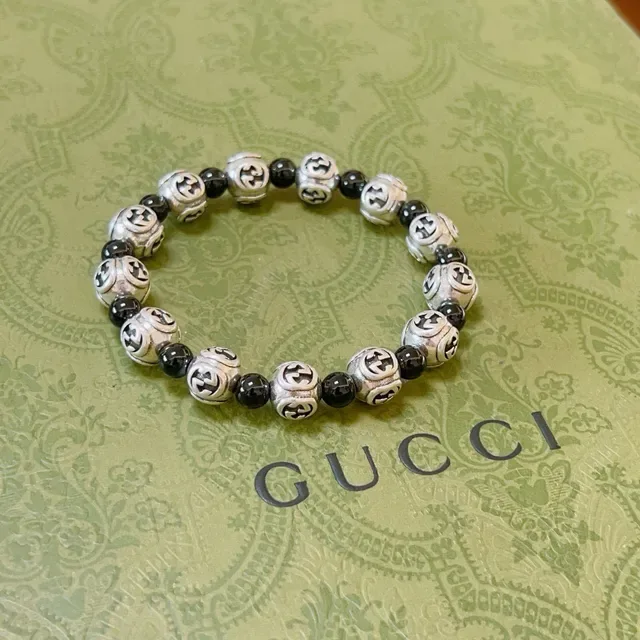 Gucci Silver Black Interlocking G Motif Beads Alternating Metallic And Spherical Bracelet 3