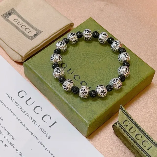Gucci Silver Black Interlocking G Motif Beads Alternating Metallic And Spherical Bracelet 6