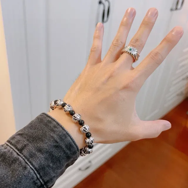 Gucci Silver Black Interlocking G Motif Beads Alternating Metallic And Spherical Bracelet 7