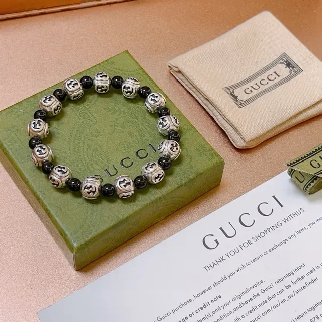 Gucci Silver Black Interlocking G Motif Beads Alternating Metallic And Spherical Bracelet 8