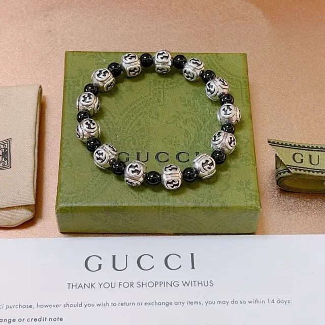 Gucci Silver Black Interlocking G Motif Beads Alternating Metallic And Spherical Bracelet 9