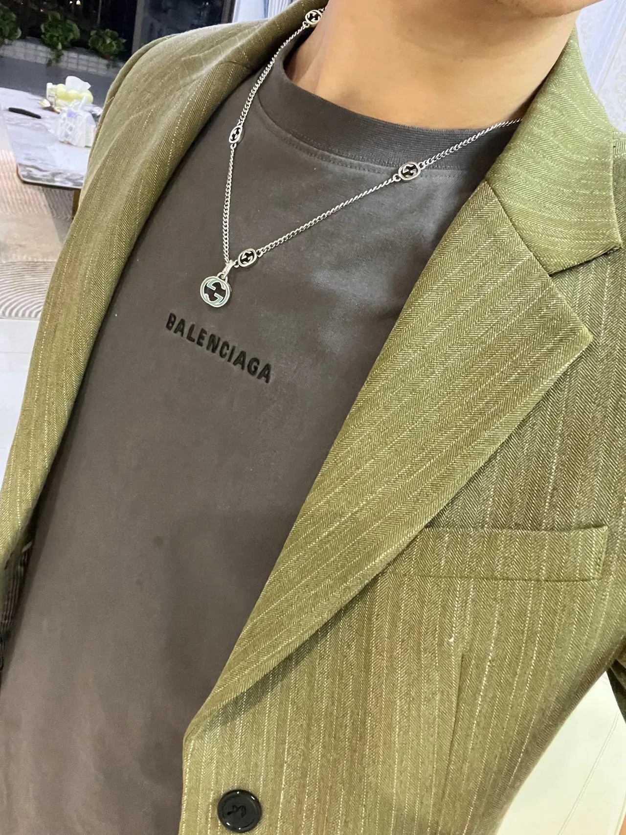 Gucci Silver Blue Curb Chain Interlocking G Motifs Necklace 2