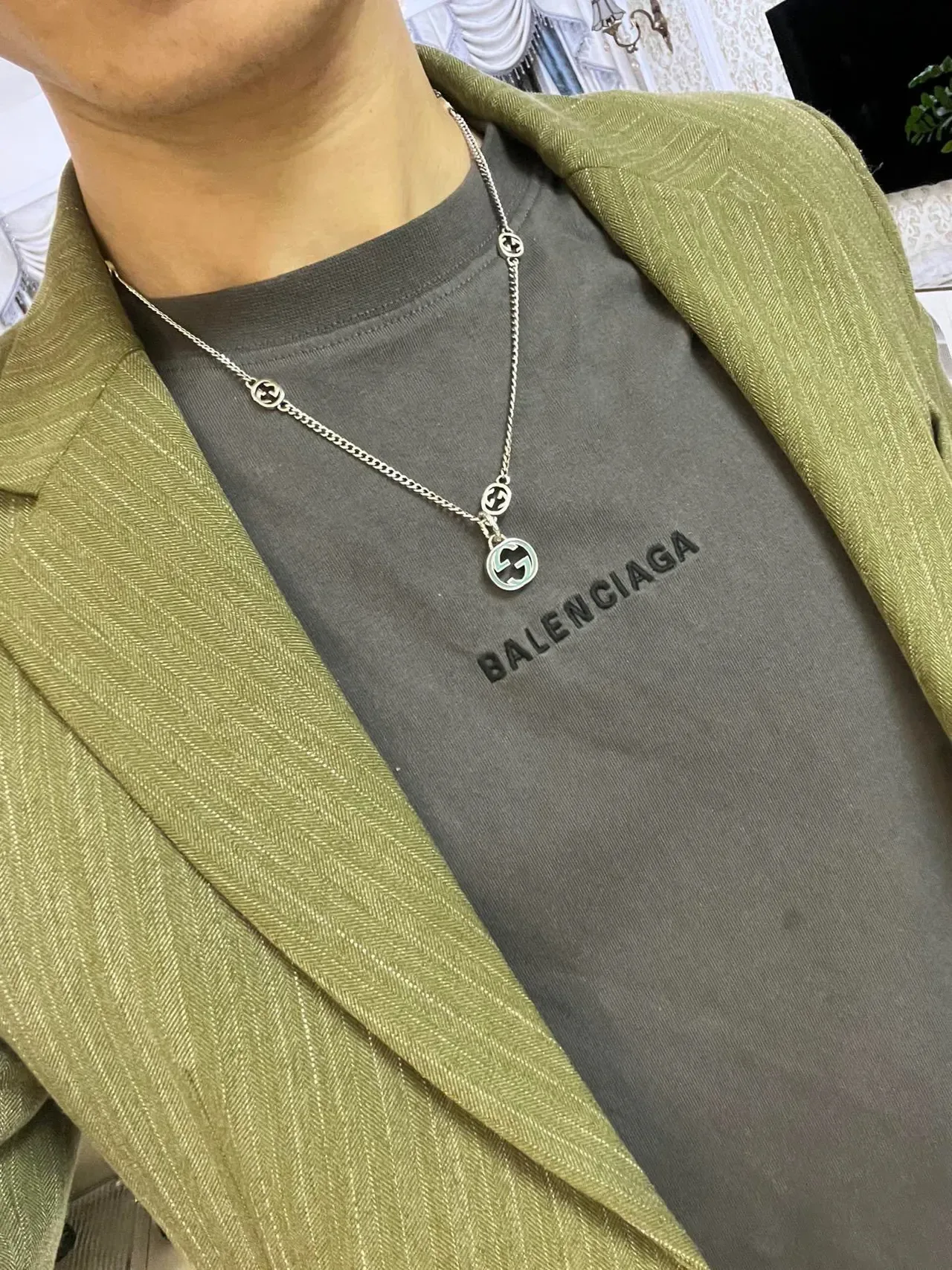 Gucci Silver Blue Curb Chain Interlocking G Motifs Necklace 5