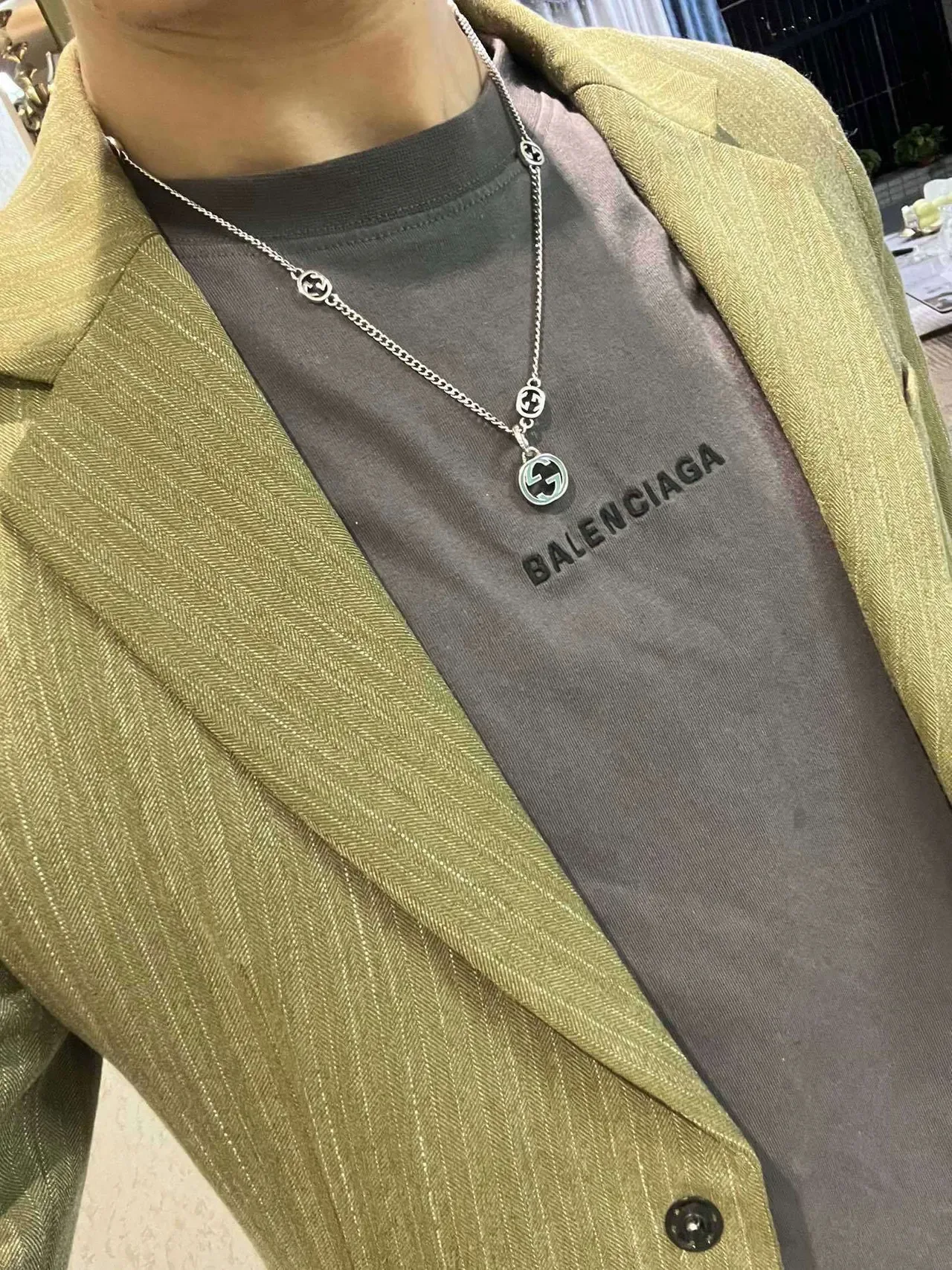 Gucci Silver Blue Curb Chain Interlocking G Motifs Necklace 8