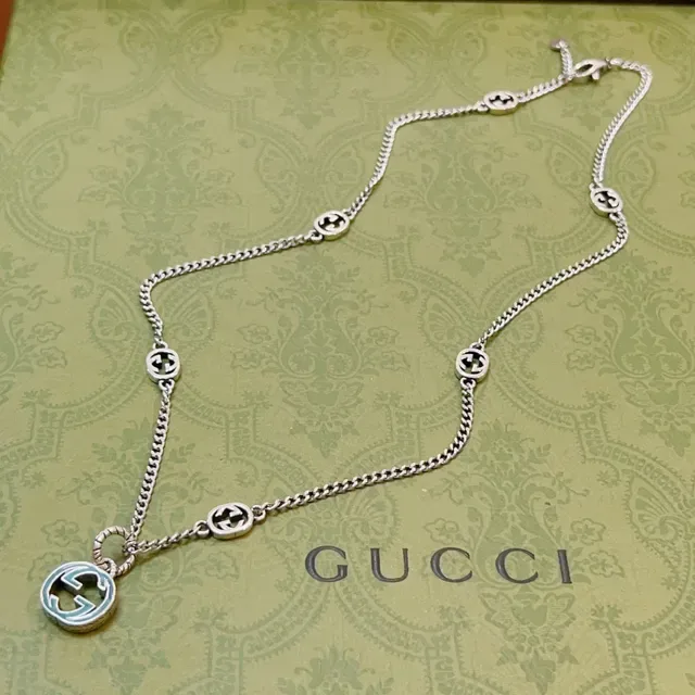 Gucci Silver Blue Curb Chain Interlocking G Motifs Necklace 9