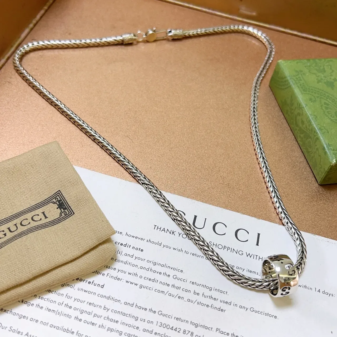 Gucci Silver Braided Wheat-Link Chain Ornate Hollow Pendant Necklace 3
