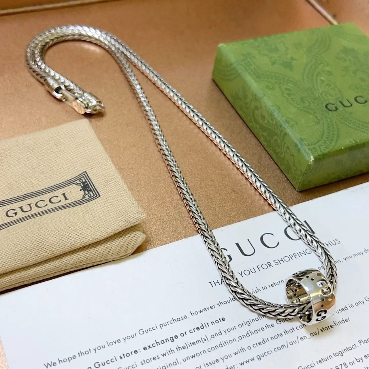Gucci Silver Braided Wheat-Link Chain Ornate Hollow Pendant Necklace 4