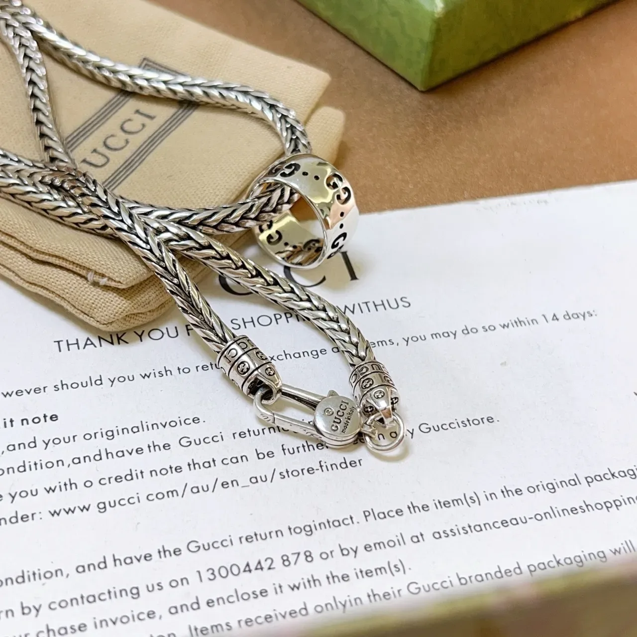 Gucci Silver Braided Wheat-Link Chain Ornate Hollow Pendant Necklace 7