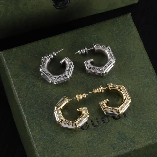 Gucci Silver Gold Geometric Octagonal Hoops Faceted Metal Edges Earrings 1
