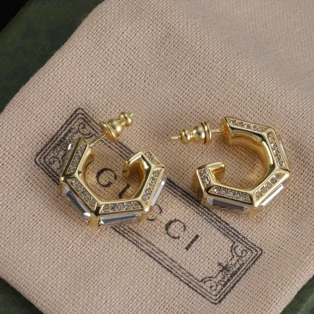 Gucci Silver Gold Geometric Octagonal Hoops Faceted Metal Edges Earrings 2
