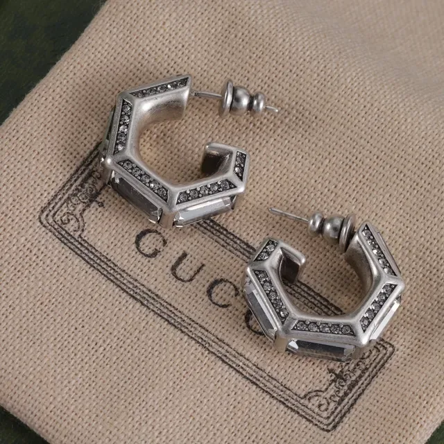 Gucci Silver Gold Geometric Octagonal Hoops Faceted Metal Edges Earrings 3
