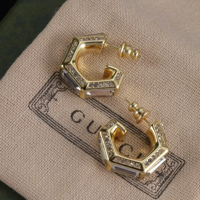 Gucci Silver Gold Geometric Octagonal Hoops Faceted Metal Edges Earrings 4