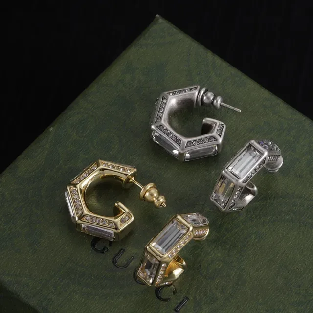 Gucci Silver Gold Geometric Octagonal Hoops Faceted Metal Edges Earrings 6